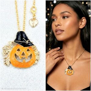 Gold plated Orange and black crystal Jack o lantern witch necklace/brooch
